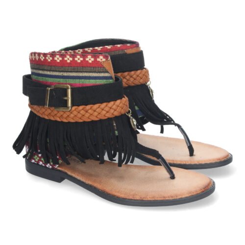 Sandalia Plana para Mujer, con Flecos, Detalles Bohemios