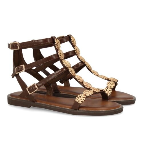Sandalias planas para mujer, comodas y elegantes, diseño moderno con adornos metalicos en pala y empeine
